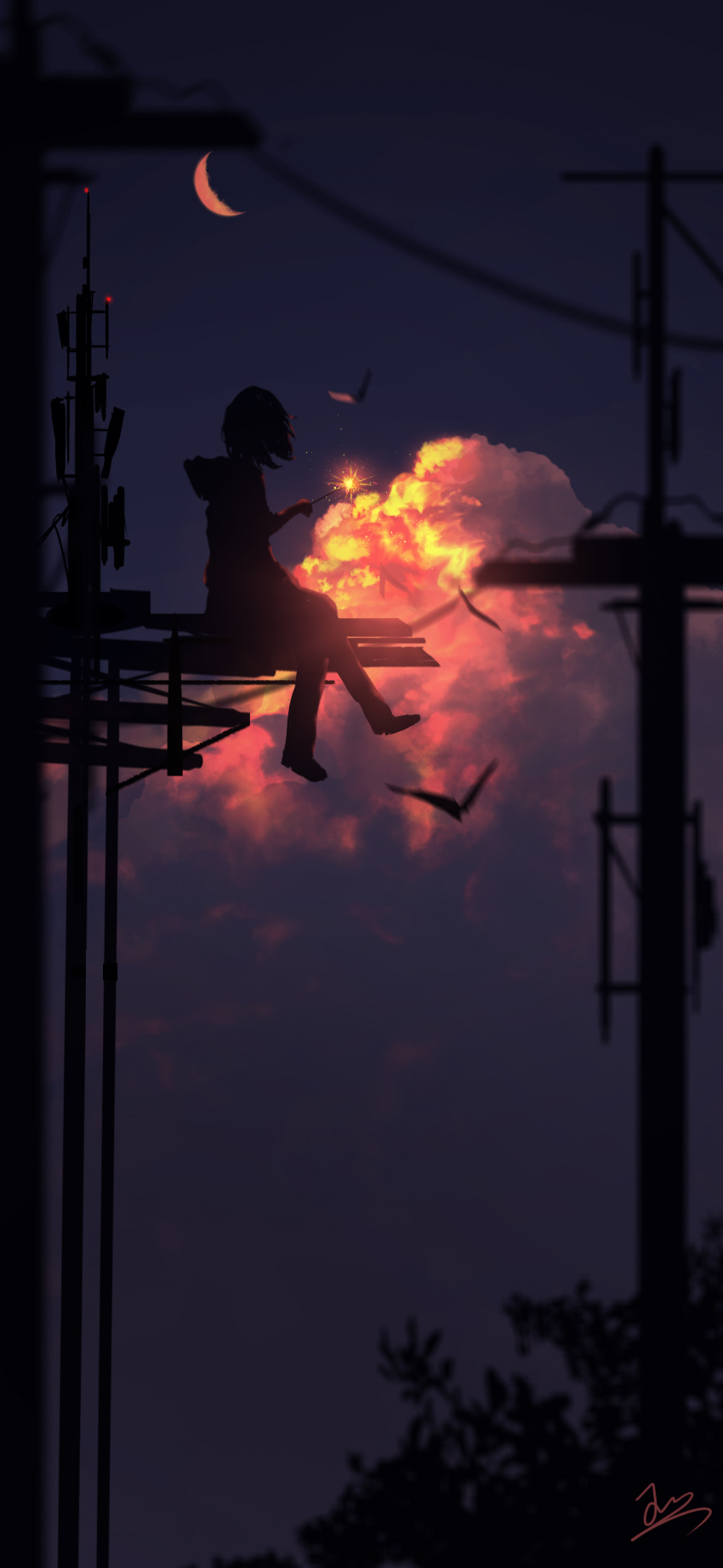 1girl absurdres bird clouds crescent_moon evening fireworks highres holding_fireworks hood hoodie moon original outdoors power_lines short_hair signature sitting skyrick9413 solo sparkler utility_pole