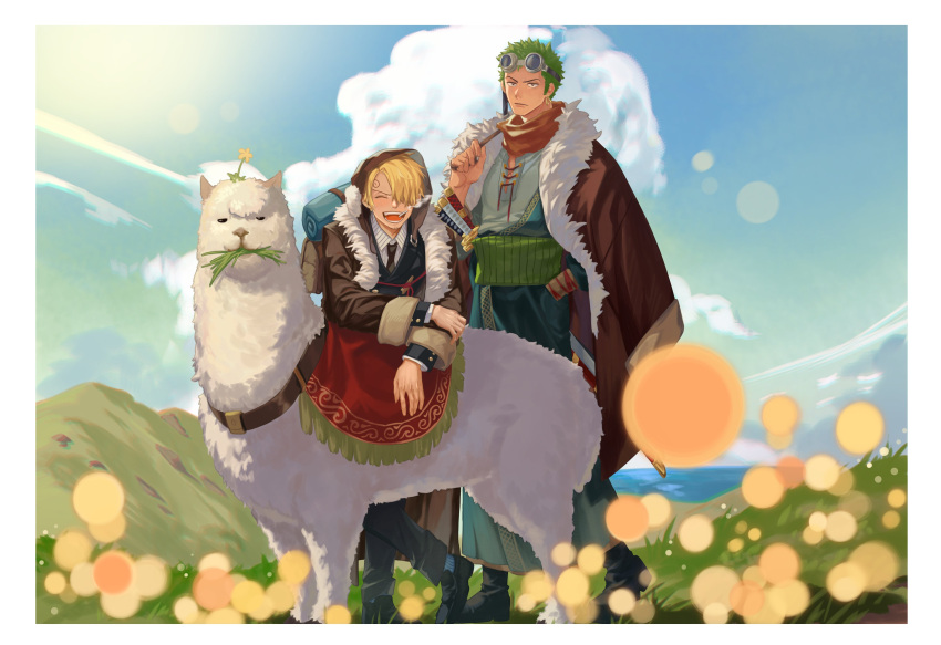 2boys :d ^_^ absurdres alternate_costume animal blonde_hair closed_eyes clouds coat coat_on_shoulders curly_eyebrows flower fur-trimmed_coat fur_trim goggles goggles_on_head grass green_hair hair_over_one_eye haramaki hat highres jennyandloiryan leaning_forward leaning_on_animal llama male_focus multiple_boys necktie one_piece outdoors roronoa_zoro sanji_(one_piece) scarf smile