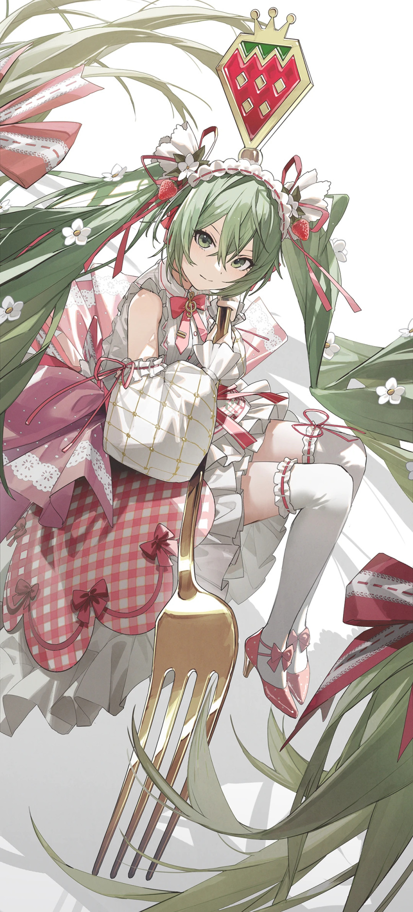1girl closed_mouth detached_sleeves dress flower food-themed_hair_ornament fork frilled_dress frilled_headwear frilled_thighhighs frills green_eyes green_hair hair_between_eyes hair_flower hair_ornament hatsune_miku high_heels highres holding holding_fork kieed looking_at_viewer oversized_object polka_dot_footwear puffy_detached_sleeves puffy_sleeves sidelocks solo strawberry_hair_ornament strawberry_miku_(morikura) thigh-highs twintails vocaloid white_flower white_thighhighs zettai_ryouiki