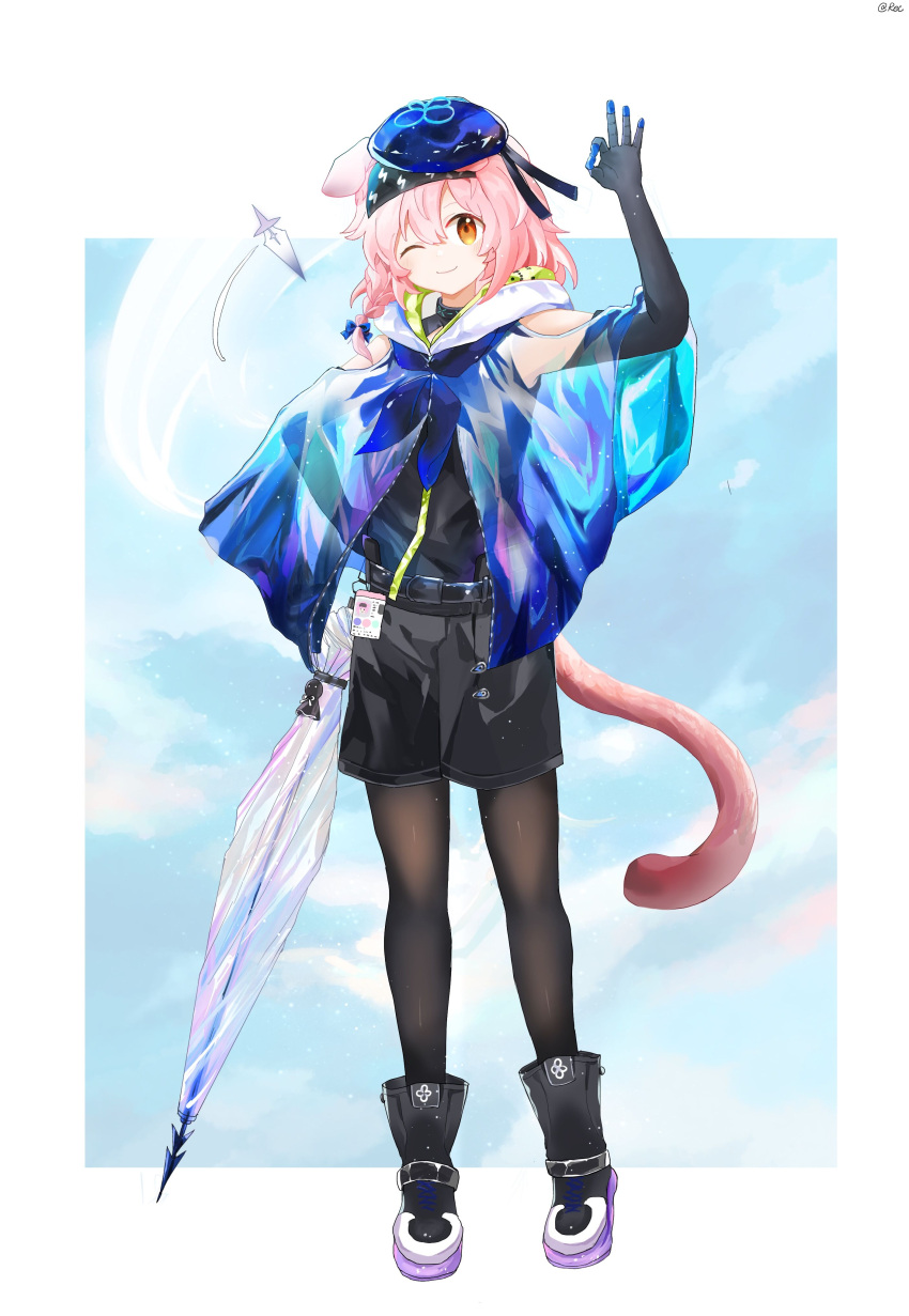 1girl absurdres akirarec animal_ears arknights beret black_footwear black_gloves black_headband black_pantyhose black_shirt black_shorts blue_cloak blue_headwear blue_sky border braid cat_ears cat_girl cat_tail cloak clouds commentary cosplay elbow_gloves full_body gloves goldenglow_(arknights) hair_between_eyes hand_up hat headband high_tops highres holding holding_umbrella id_card infection_monitor_(arknights) lightning_bolt_print looking_at_viewer mizuki_(arknights) mizuki_(arknights)_(cosplay) multicolored_cloak ok_sign one_eye_closed pantyhose pink_hair shirt shoes short_braid shorts side_braid sky sleeveless sleeveless_shirt smile sneakers solo tail transparent transparent_umbrella umbrella yellow_eyes