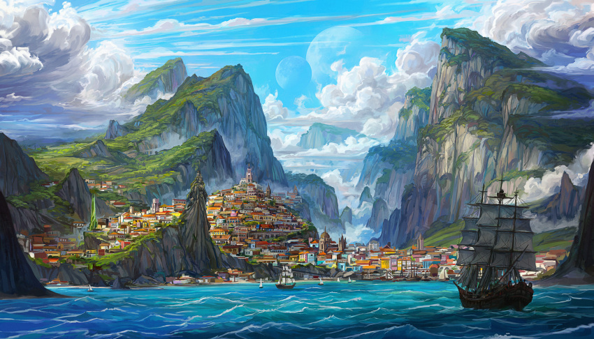 absurdres boat building city cliff clouds cloudy_sky commentary critical_role day english_commentary harbor highres house idrawbagman landscape moon mountain nature no_humans ocean outdoors sail sailboat sailing_ship scenery ship sky statue very_wide_shot watercraft