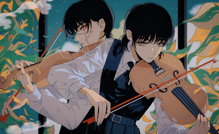 2girls belt belt_buckle black_belt black_dress black_hair black_ribbon brown_eyes buckle chainsaw_man closed_mouth collared_shirt commentary_request cross_scar dress fourth_east_high_school_uniform highres holding holding_instrument instrument long_sleeves looking_at_another looking_at_viewer low_twintails mitaka_asa multiple_girls music neck_ribbon orange_eyes pinafore_dress playing_instrument ribbon ringed_eyes scar scar_on_face school_uniform shirt sleeveless sleeveless_dress twintails uniform violin white_shirt yoru_(chainsaw_man) yumu_(8181018)