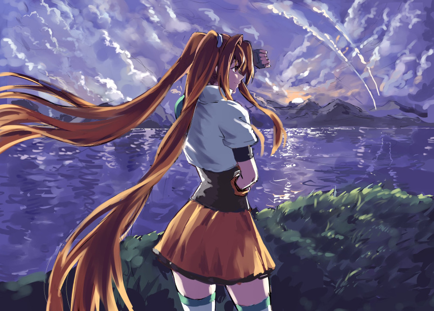 1girl brown_eyes brown_hair cropped_jacket eiyuu_densetsu estelle_bright fingerless_gloves gloves grass highres kivavis lake long_hair mountain mountainous_horizon painting_(medium) skirt smile solo sora_no_kiseki standing sunset traditional_media twintails very_long_hair water watercolor_(medium)