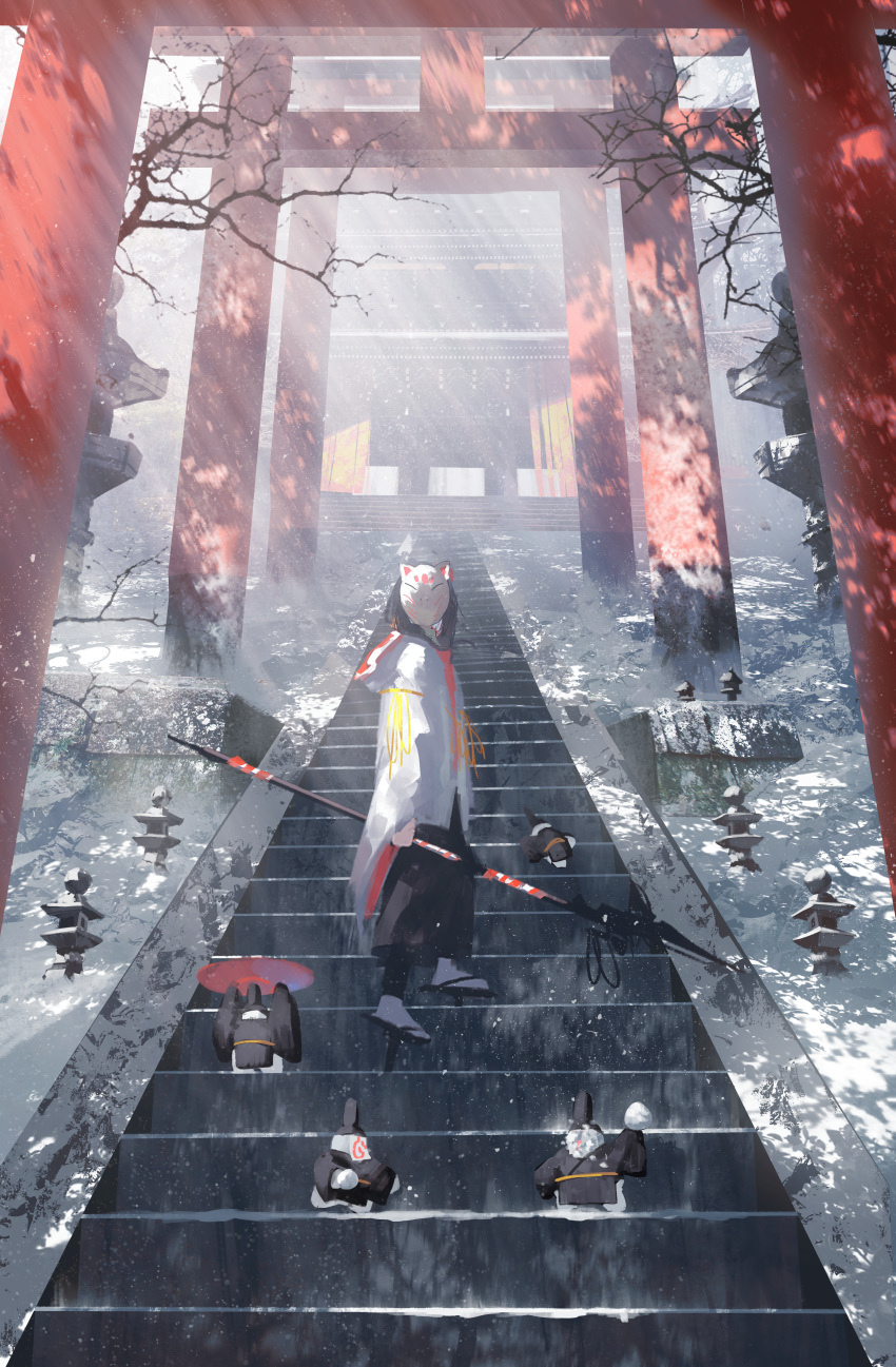 1girl absurdres animal asteroid_ill bird black_hair clothed_animal day fox_mask highres holding holding_polearm holding_weapon mask original outdoors polearm sandals scenery short_hair skirt snow solo stairs torii weapon wide_sleeves