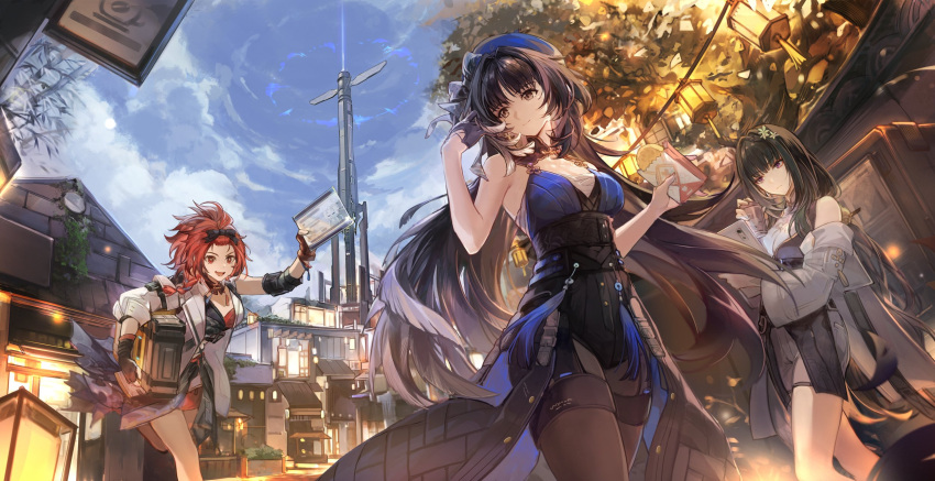 3girls arm_up bailian_(wuthering_waves) bandages bare_shoulders black_hair blue_headwear blue_sky box breasts brown_eyes chixia_(wuthering_waves) city clouds cloudy_sky csyday cup food gloves hair_ornament highres holding holding_box holding_cup holding_food jacket lantern long_hair mail medium_breasts medium_hair multicolored_hair multiple_girls open_clothes open_jacket open_mouth outdoors red_eyes red_skirt redhead ribbon running skirt sky smile standing tassel tower tree vending_machine white_hair white_jacket wuthering_waves yangyang_(wuthering_waves)
