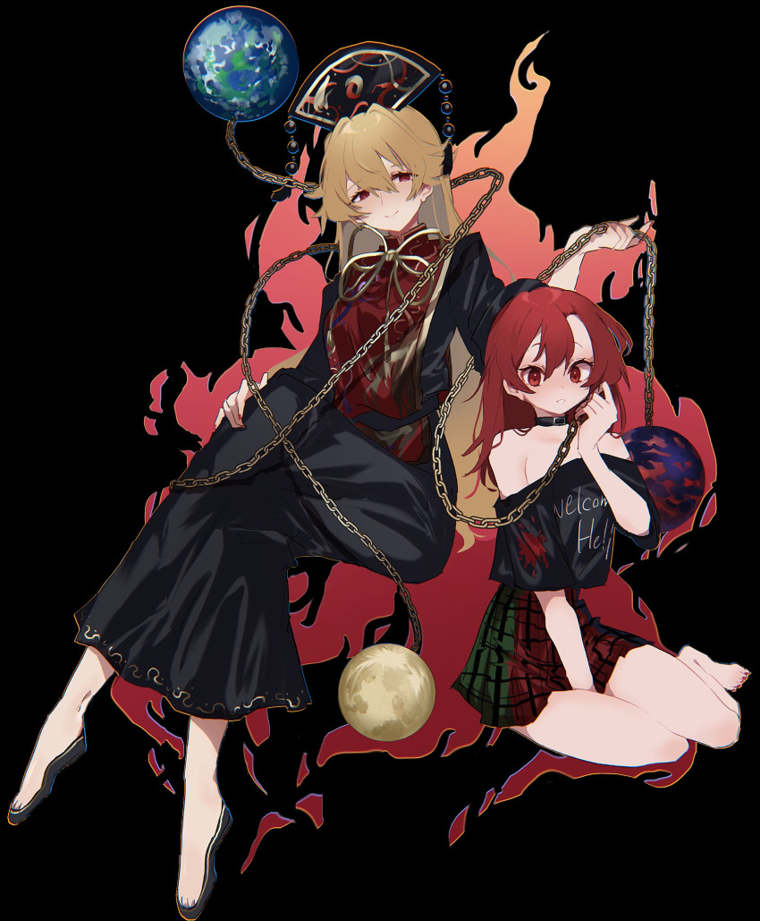 2girls ayahi_4 barefoot black_background black_dress black_footwear black_headwear black_shirt blonde_hair blush chain chinese_clothes closed_mouth clothes_writing dress earth_(ornament) hair_between_eyes hecatia_lapislazuli highres junko_(touhou) long_hair long_sleeves medium_hair moon_(ornament) multicolored_clothes multicolored_skirt multiple_girls off-shoulder_shirt off_shoulder open_mouth phoenix_crown polos_crown red_eyes redhead shirt shoes simple_background skirt smile t-shirt tabard touhou wide_sleeves