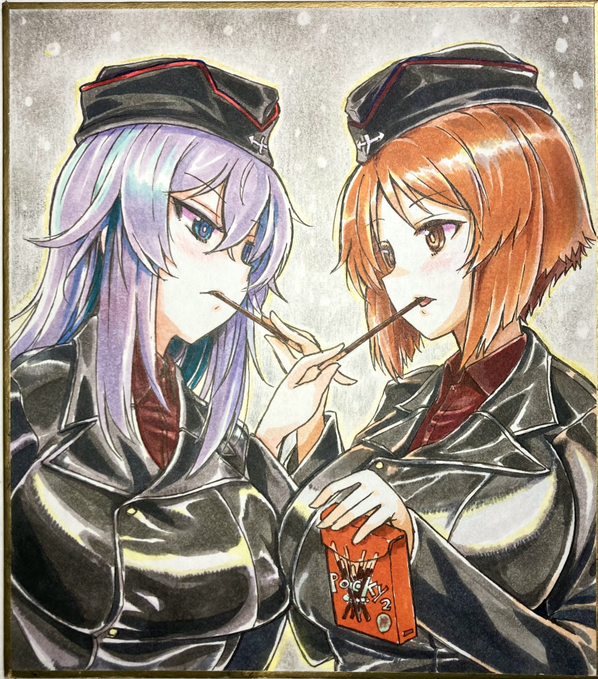 2girls absurdres black_headwear black_jacket blue_eyes brown_eyes brown_hair commentary_request dress_shirt feeding food garrison_cap girls_und_panzer grey_hair hat highres holding holding_food insignia itsumi_erika jacket kuromorimine_military_uniform long_sleeves looking_at_another medium_hair military military_hat military_uniform multiple_girls nabeyu nishizumi_miho open_mouth pocky red_shirt scan shirt short_hair snowing traditional_media uniform wing_collar