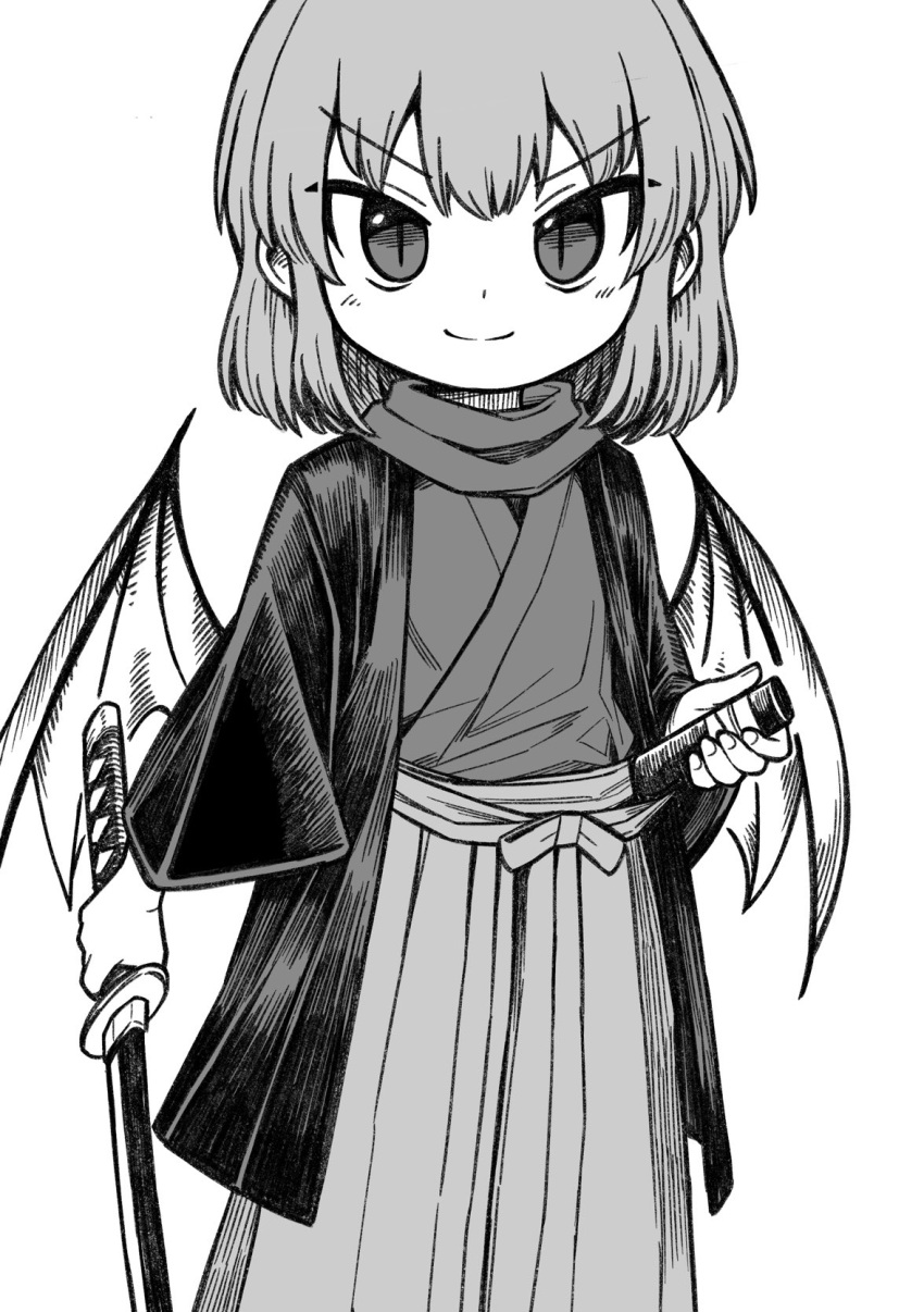 1girl alternate_costume blush closed_mouth greyscale highres looking_at_viewer monochrome oninamako remilia_scarlet short_hair slit_pupils smile solo touhou