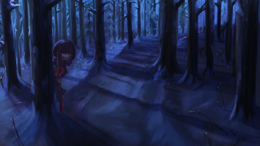 1girl absurdres behind_tree blood blood_on_clothes blood_on_face blood_trail bow cape chocolate dress fallenshadow forest highres holding holding_weapon horror_(theme) indie_virtual_youtuber looking_at_viewer medium_hair moonlight nature night outdoors purple_cape purple_dress purple_hair red_bow red_eyes red_nails relvetic sidelocks smile snow solo tree virtual_youtuber weapon winter yandere
