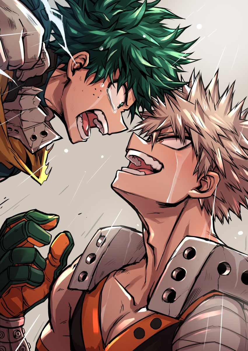 2boys adam's_apple alternate_eye_color angry attack bakugou_katsuki bandaged_arm bandages black_tank_top blonde_hair boku_no_hero_academia cape chiyaya clenched_hand collarbone crying crying_with_eyes_open detached_sleeves eye_contact face-to-face fighting flying_teardrops freckles from_side furious gloves green_eyes green_gloves green_hair grey_background grey_gloves hair_between_eyes hand_up head_back highres looking_at_another looking_up male_focus midair midoriya_izuku multiple_boys official_alternate_costume open_mouth orange_eyes orange_gloves pectoral_cleavage pectorals profile rain short_hair simple_background single_bare_shoulder sleeveless smile spiky_hair spoilers tank_top tears torn_cape torn_clothes two-tone_gloves upper_body v-neck water_drop wet wrist_guards yellow_cape