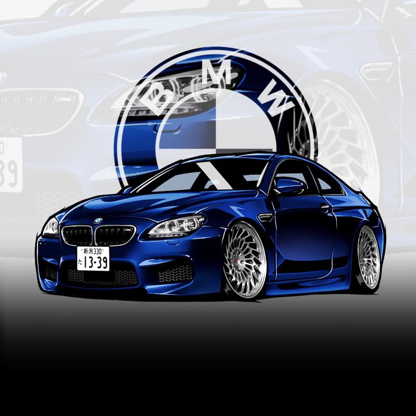 blue_car bmw bmw_m6 car chibi chris_ilst commission highres license_plate logo motor_vehicle no_humans original stance_(vehicle) vehicle_focus zoom_layer