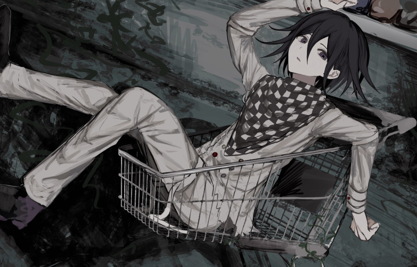 1boy arm_up black_footwear black_hair buttons checkered_clothes checkered_scarf danganronpa_(series) danganronpa_v3:_killing_harmony double-breasted flipped_hair grey_background grey_jacket grey_pants highres jacket long_sleeves male_focus open_mouth ouma_kokichi pants scarf shoes shopping_cart solo violet_eyes wa_noko