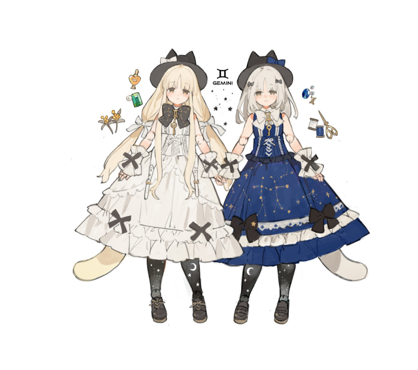 2girls black_bow black_footwear black_headwear blonde_hair blue_bow blue_dress blue_gemstone blush bottle bow bowtie brown_eyes cat_girl cat_tail closed_mouth constellation cross-laced_footwear cuffs doll_joints dress flower frills gem gemini_(zodiac) green_gemstone hair_bow hat holding_hands joints key light_smile long_hair looking_at_another medium_hair multiple_girls open_mouth original perfume_bottle scissors sleeveless smile starshadowmagician tail thread twintails very_long_hair white_background white_bow white_dress white_hair white_tail wrist_cuffs yellow_flower yellow_tail zodiac