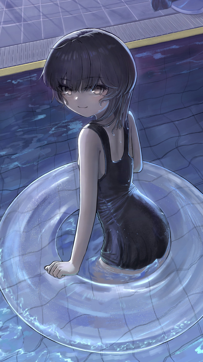 1girl absurdres black_one-piece_swimsuit blush brown_eyes brown_hair check_copyright copyright_request hatoba_tsugu highres innertube looking_at_viewer medium_hair night one-piece_swimsuit pool relvetic smile solo swimsuit tsugu_(vtuber) virtual_youtuber wading water wet