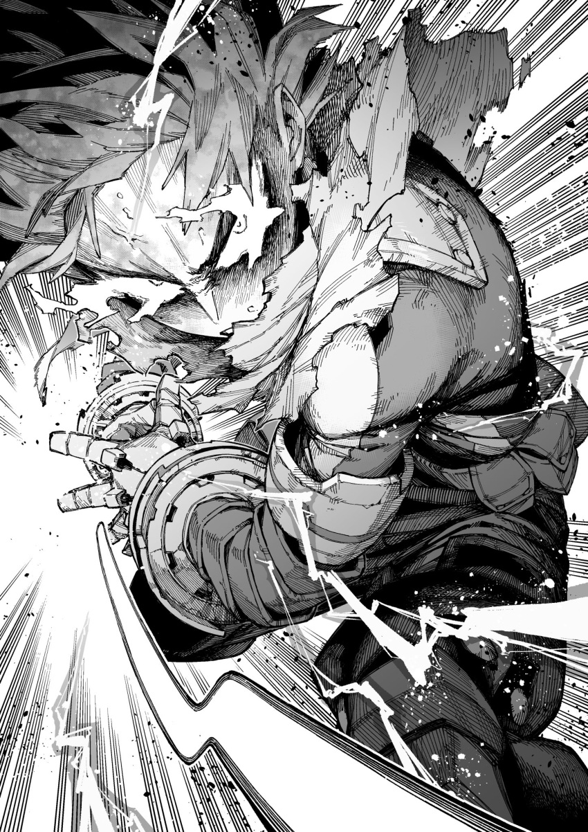 1boy angry arisancake belt belt_pouch bodysuit boku_no_hero_academia cape crosshatching electricity emphasis_lines fist_in_hand floating_cape floating_hair full_cowling_(boku_no_hero_academia) gloves greyscale hands_up hatching_(texture) highres leaning_forward looking_at_viewer looking_to_the_side male_focus midoriya_izuku monochrome pouch sanpaku serious short_hair simple_background solo squatting sweat torn_cape torn_clothes turning_head upper_body veins white_background