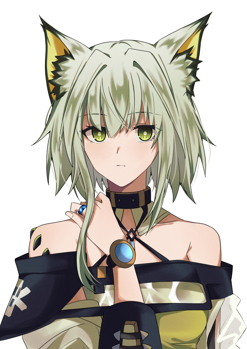 1girl absurdres animal_ear_fluff animal_ears arknights bare_shoulders brown_choker cat_ears cat_girl choker closed_mouth commentary dress english_commentary green_dress green_eyes green_hair hair_between_eyes highres jacket jewelry kal'tsit_(arknights) looking_at_viewer off-shoulder_dress off-shoulder_jacket off_shoulder oripathy_lesion_(arknights) pokarii_zuu ring short_hair simple_background solo white_background