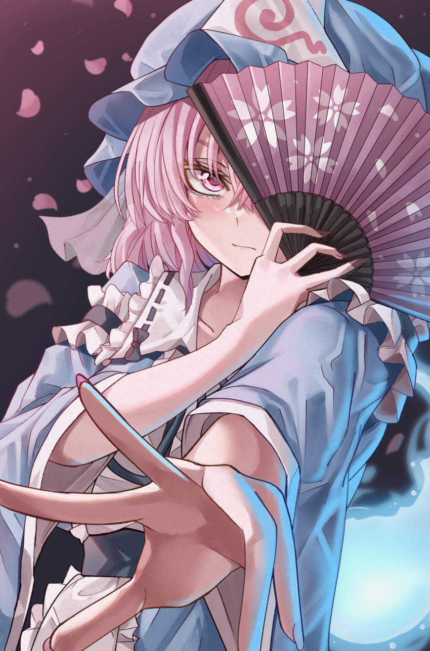 1girl absurdres blue_headwear blue_kimono cherry_blossoms closed_mouth folding_fan hand_fan hat highres holding holding_fan japanese_clothes kimono long_sleeves looking_at_viewer maboroshi_mochi mob_cap pink_eyes pink_hair pink_nails saigyouji_yuyuko short_hair solo touhou triangular_headpiece upper_body wide_sleeves