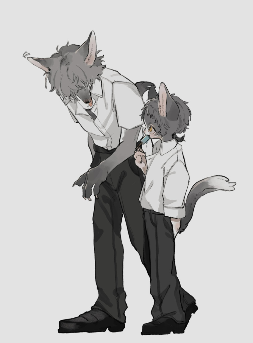 2boys 50_ior animal_ears arm_behind_back black_pants blush cat_boy cat_ears cat_tail collared_shirt covered_eyes dress_shirt eating food fox_boy fox_ears fox_tail from_side full_body furry furry_male grey_hair hair_over_eyes hand_up height_difference highres leaning_forward long_sleeves low_ponytail male_focus motion_lines multiple_boys nose_blush original pants ponytail popsicle school_uniform shirt shirt_tucked_in short_hair short_sleeves simple_background sleeves_rolled_up smile snout tail tongue tongue_out undershirt walking white_background white_shirt yellow_eyes