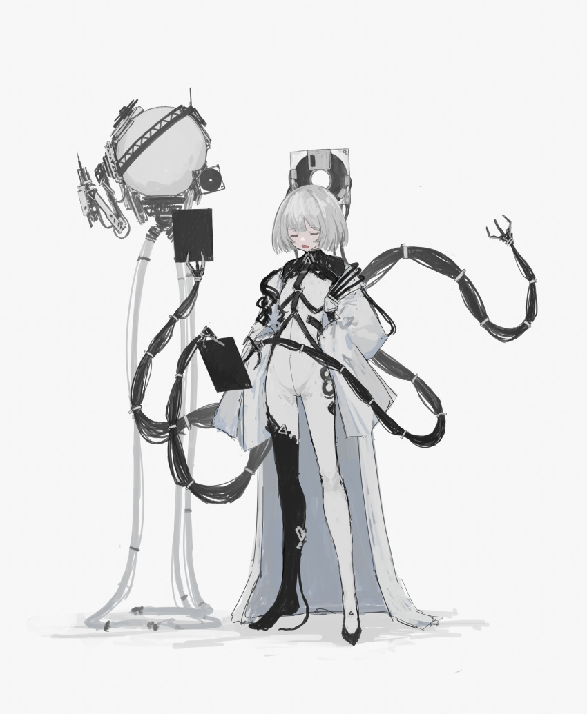 1girl absurdres black_bodysuit bodysuit closed_eyes cyborg extra_arms full_body highres jacket mechanical_arms mechanical_parts open_mouth original robot science_fiction short_hair simple_background solo standing susudust white_background white_bodysuit white_jacket