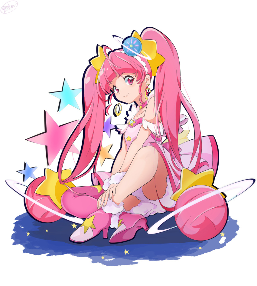 1girl boots choker cure_star dress full_body fur_cuffs hair_ornament high_heels highres indian_style long_hair looking_at_viewer magical_girl pink_choker pink_dress pink_eyes pink_hair pink_thighhighs planet_hair_ornament precure ryouseirui single_thighhigh sitting smile solo star_(symbol) star_choker star_color_pen star_hair_ornament star_twinkle_precure thigh-highs twintails very_long_hair white_background