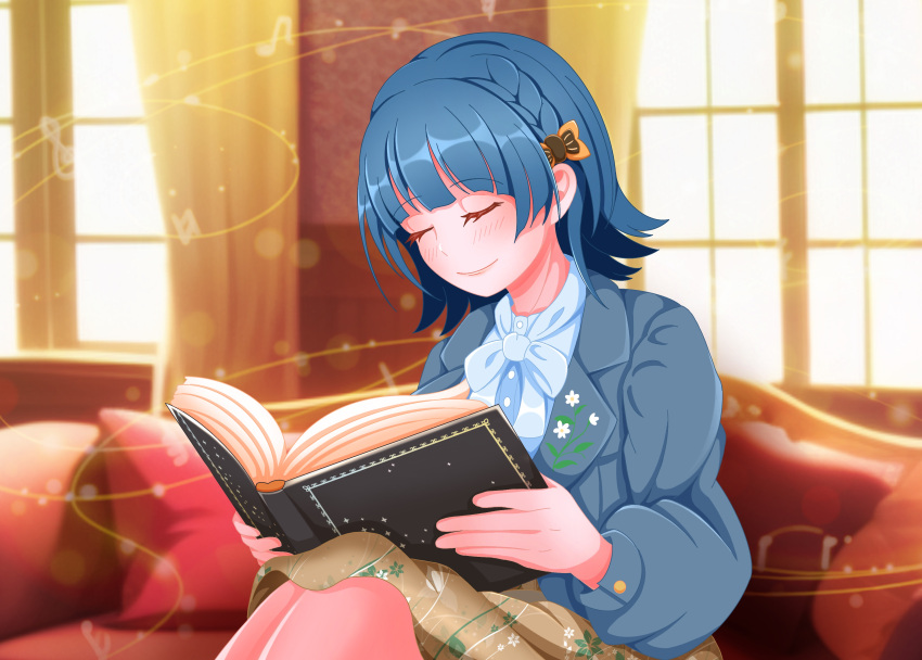 1girl absurdres blue_bow blue_hair blush book bow braid brown_skirt closed_eyes couch curtains day hair_ornament highres idolmaster idolmaster_million_live! idolmaster_million_live!_theater_days indoors long_sleeves medium_hair musical_note nanao_yuriko official_alternate_hairstyle open_book raby_vivid reading sitting skirt smile solo treble_clef window