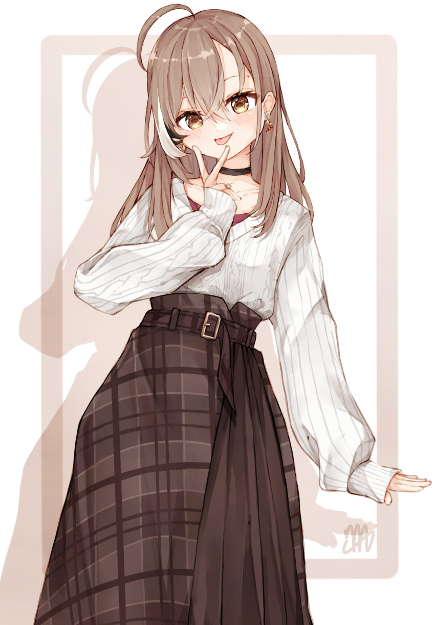1girl absurdres ahoge belt berry black_choker brown_eyes brown_hair brown_skirt choker earrings food-themed_earrings highres hololive hololive_english jewelry long_hair long_skirt looking_at_viewer ma_draws multicolored_hair nanashi_mumei necklace official_alternate_costume plaid plaid_skirt pleated_skirt red_shirt runes shirt simple_background skirt sleeves_past_wrists streaked_hair sweater tongue tongue_out v very_long_hair virtual_youtuber white_sweater