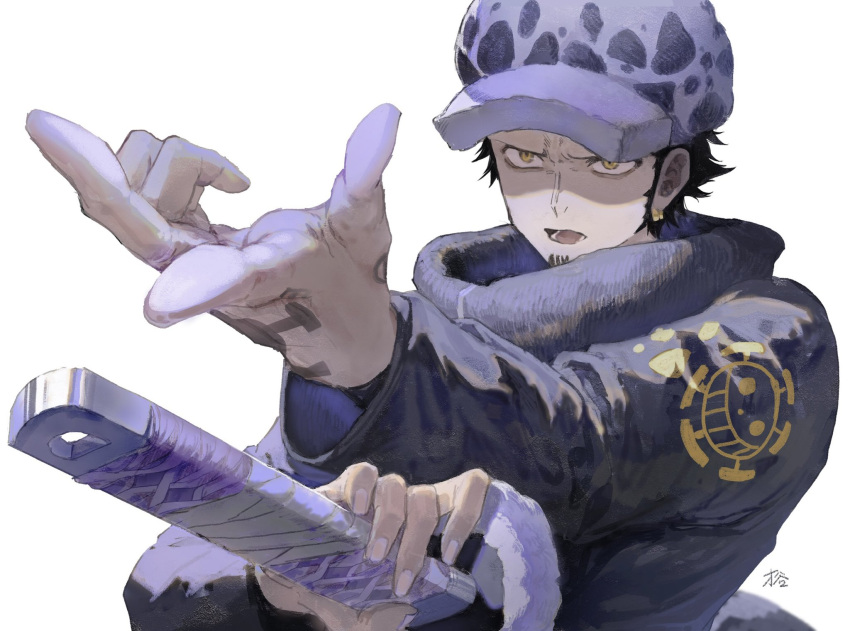 1boy black_coat black_hair coat earrings facial_hair fur_coat fur_hat hand_gesture hand_tattoo hat highres holding holding_sword holding_weapon jewelry jolly_roger long_sleeves male_focus one_piece open_mouth saitani serious shade short_hair solo sword tattoo trafalgar_law weapon white_background yellow_eyes
