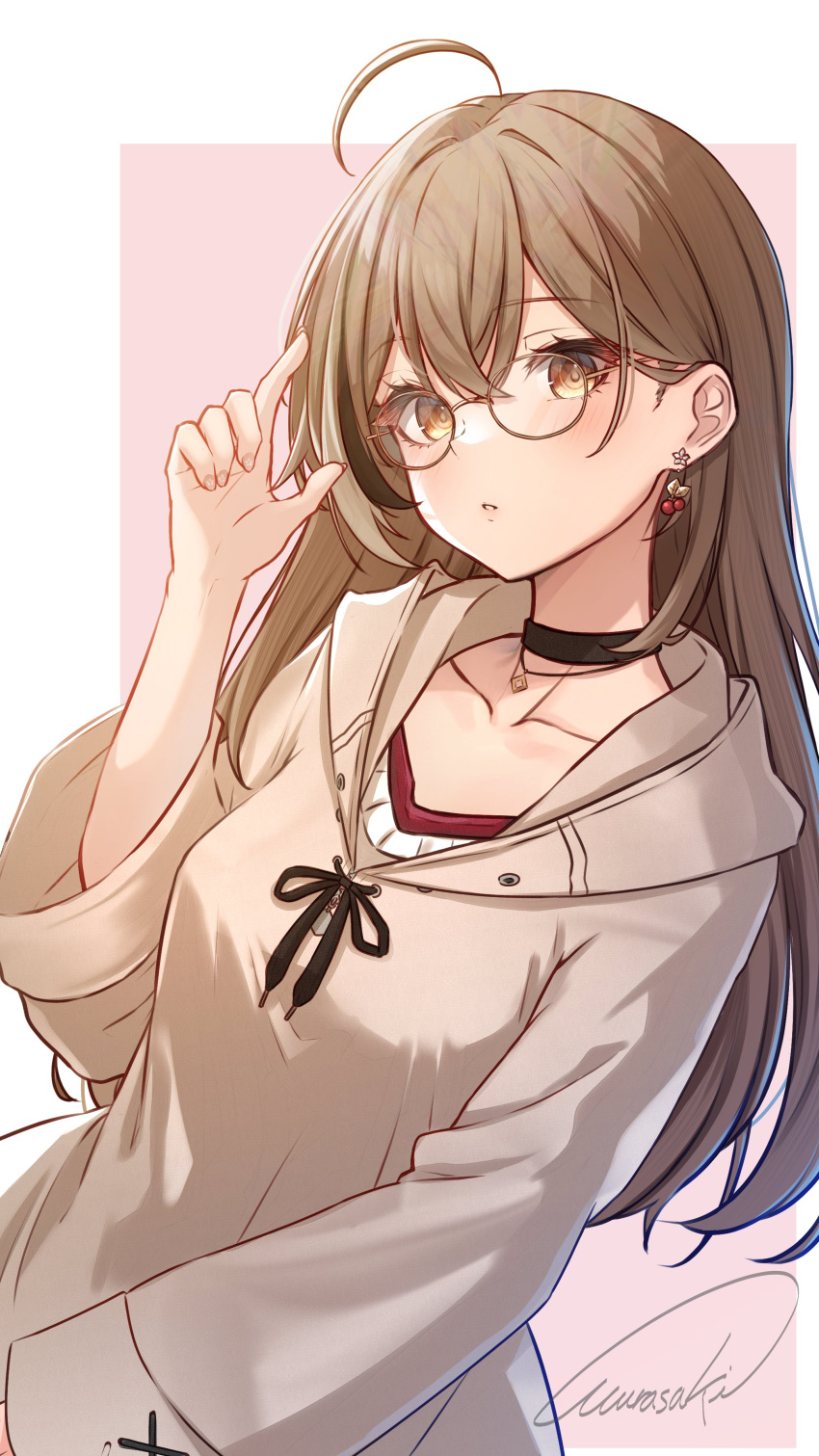 1girl absurdres ahoge arm_up berry black_choker brown_eyes brown_hair brown_hoodie choker earrings food-themed_earrings glasses highres hololive hololive_english hood hoodie jewelry long_hair looking_at_viewer multicolored_hair nail_art nanashi_mumei necklace official_alternate_costume oversized_clothes parted_lips purple_(jobseeking) red_shirt round_eyewear runes shirt streaked_hair sweater very_long_hair virtual_youtuber white_sweater wide_sleeves
