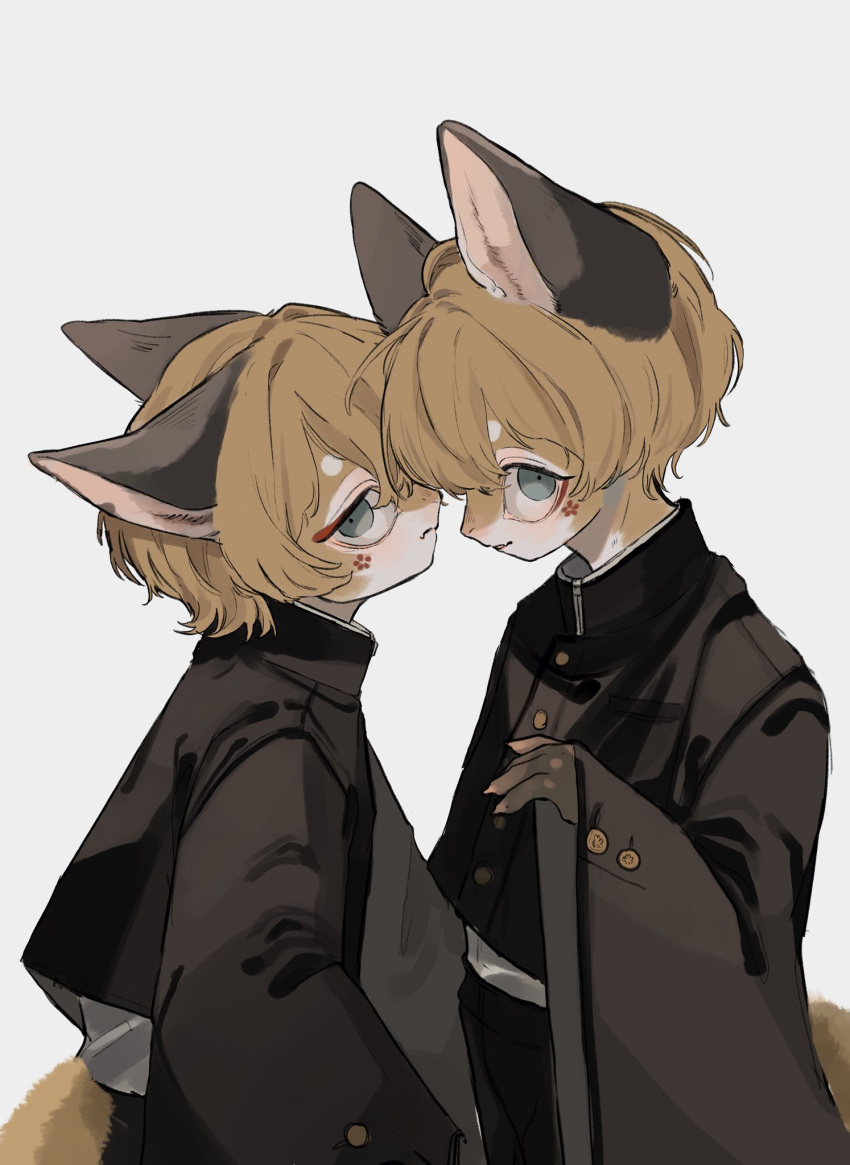 2boys 50_ior animal_ears black_jacket blue_eyes brown_hair cropped_jacket eyeliner facial_mark fang fang_out flower_tattoo fox_boy fox_ears fox_tail from_side frown furry furry_male highres jacket light_brown_hair long_sleeves looking_at_viewer makeup male_focus multiple_boys original parted_lips profile shirt short_hair simple_background sleeves_past_wrists smile snout tail tattoo upper_body white_background white_shirt wide_sleeves