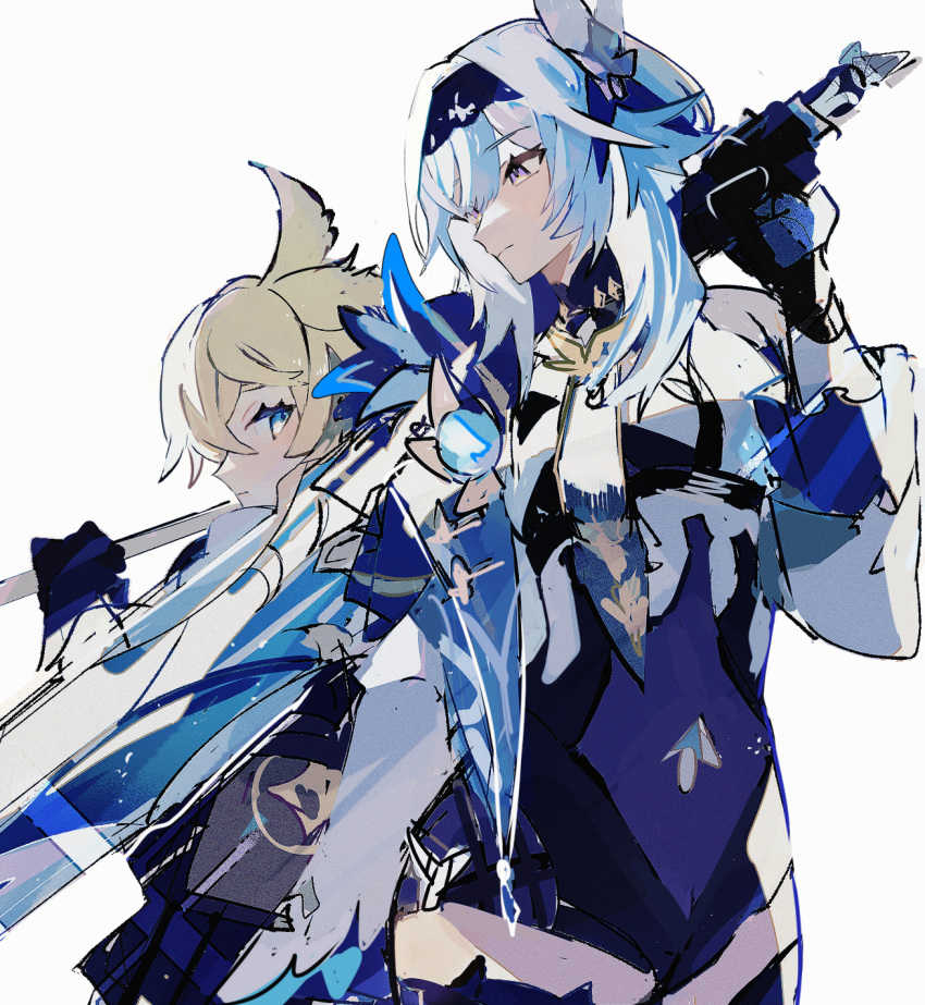 1boy 1girl back-to-back blonde_hair blue_eyes blue_hair closed_eyes eula_(genshin_impact) genshin_impact gloves highres holding holding_sword holding_weapon looking_at_another looking_back loomyoi2 mika_(genshin_impact) short_hair short_hair_with_long_locks sword violet_eyes weapon white_background