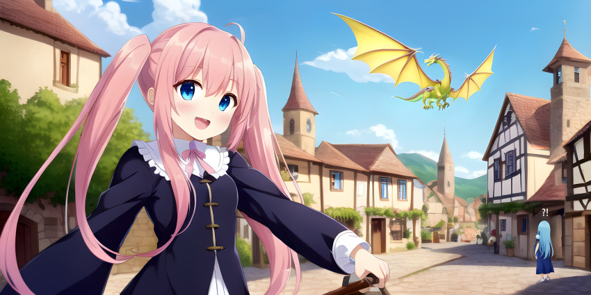 :d ahoge architecture awwesomeai blue_eyes blue_sky blush brick_wall building clock_tower clouds day dragon dress eyebrows_visible_through_hair house long_hair long_sleeves looking_at_viewer milim_nava mountain open_mouth outdoors pink_hair rimuru_tempest road sky smile street tensei_shitara_slime_datta_ken tower town twintails very_long_hair