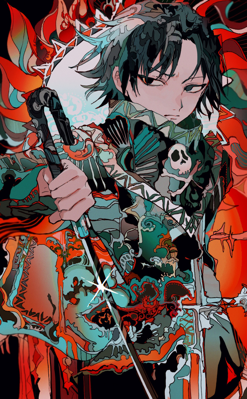 1boy absurdres asian black_hair feitan_portor frown highres holding holding_sword holding_weapon hunter_x_hunter long_sleeves looking_at_viewer male_focus patterned_clothing patterned_hair short_hair skull_print solo sword umbrella_sword weapon yadu_nadu