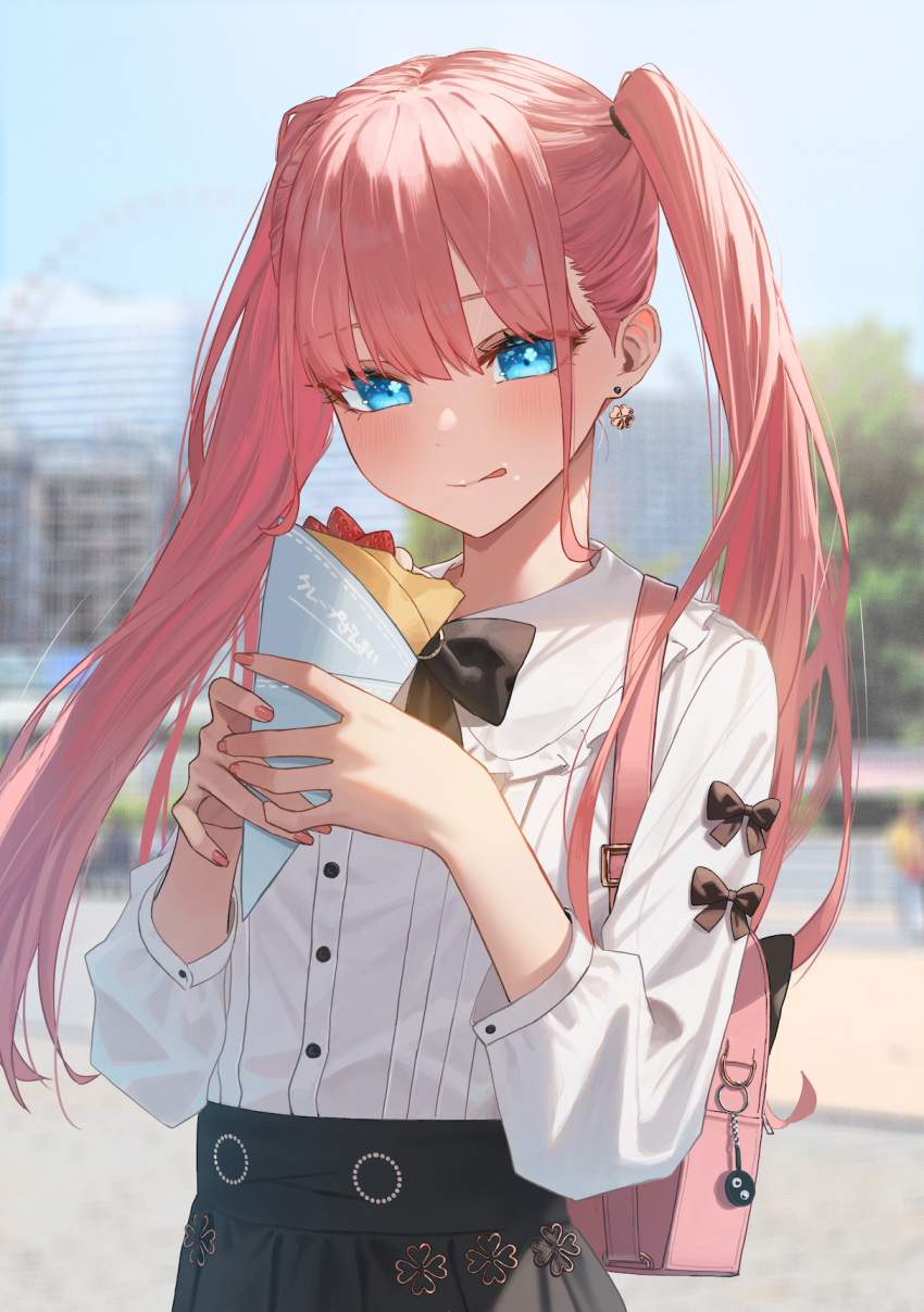 1girl backpack bag black_bow black_bowtie black_skirt blue_eyes blush bow bowtie clover crepe earrings eating food four-leaf_clover four-leaf_clover_earrings fruit hands_up hara_kenshi highres holding holding_food jewelry kuroba_mitsuha licking_lips long_hair looking_at_viewer nail_polish original outdoors pink_bag pink_hair pink_nails shirt shirt_tucked_in sidelocks skirt solo strawberry tongue tongue_out twintails white_shirt
