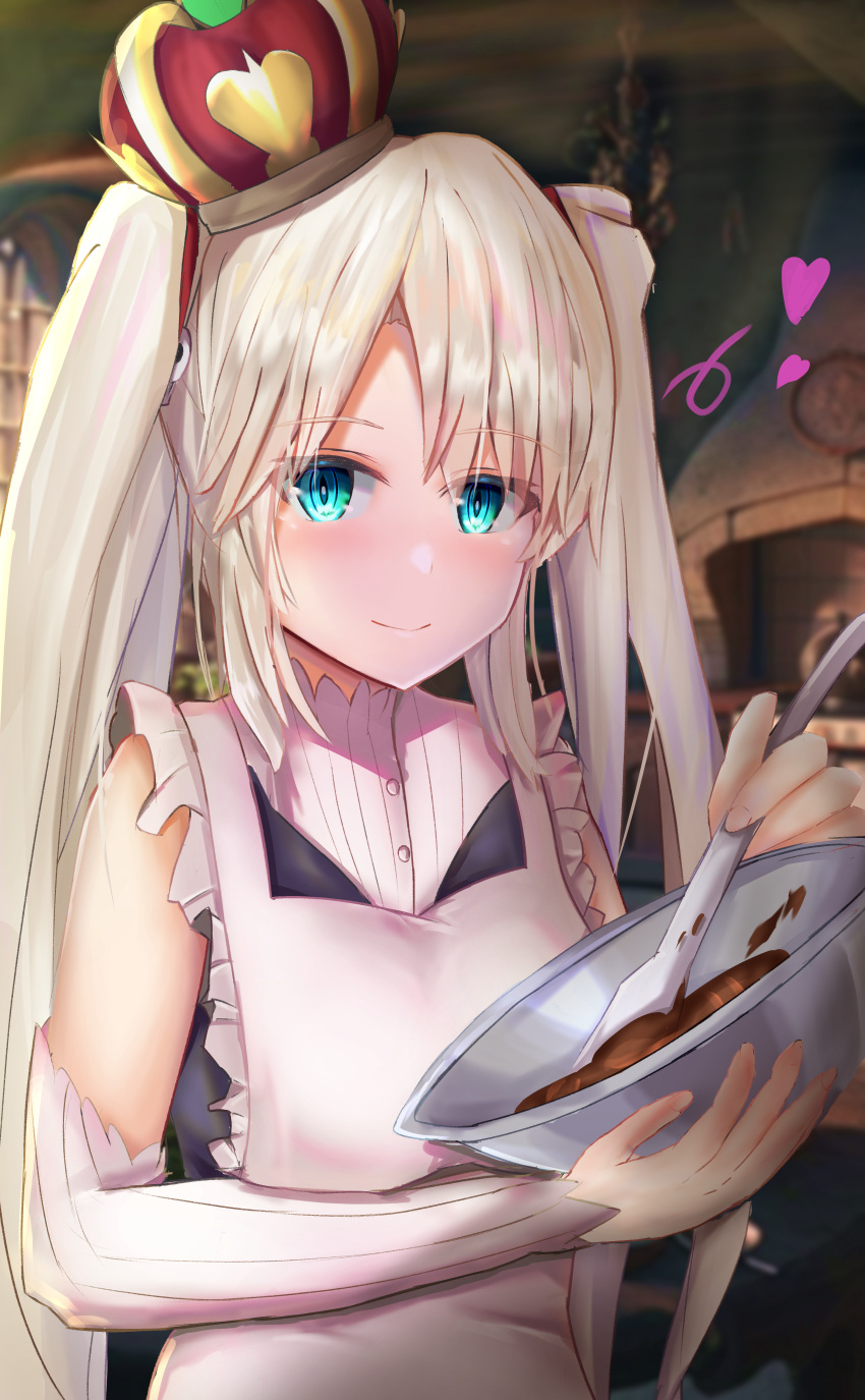 1girl absurdres apron arm_warmers blue_eyes blurry blurry_background blush bowl chocolate crown hair_ornament highres holding holding_bowl indoors looking_at_viewer mask_osama mini_crown mixing_bowl sennen_sensou_aigis smile spatula sybilla tilted_headwear twintails upper_body white_hair