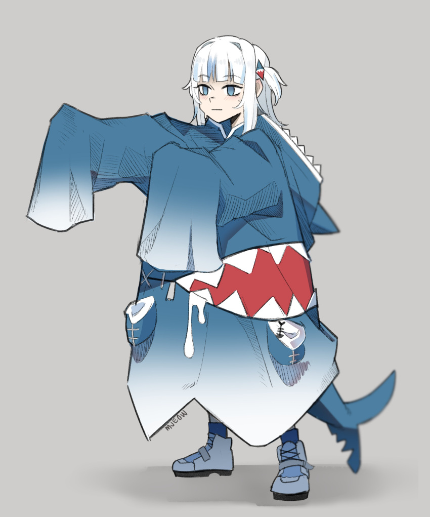 1girl absurdres animal_hood blue_eyes blue_hoodie blue_socks closed_mouth empty_eyes fins fish_tail full_body gawr_gura grey_background grimm_mjeow highres hololive hololive_english hood hoodie long_sleeves oversized_clothes shadow shark_girl shark_hood shark_tail short_hair simple_background socks solo standing tail virtual_youtuber white_footwear white_hair wide_sleeves