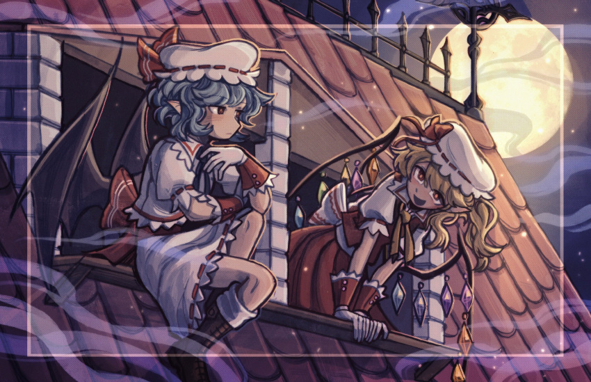 2girls arm_support back_bow bat_wings black_footwear blonde_hair blue_hair blush boots bow closed_mouth collared_shirt commentary crystal flandre_scarlet frilled_shirt_collar frills full_moon gloves hand_up hat hat_bow highres leaning_forward looking_at_another medium_hair mob_cap moon multiple_girls night night_sky pointy_ears red_bow red_eyes red_skirt red_vest remilia_scarlet rooftop sadcringe8 shirt short_hair siblings sisters sitting_in_window skirt skirt_set sky touhou vest weather_vane white_gloves white_headwear white_shirt white_skirt wings wrist_cuffs
