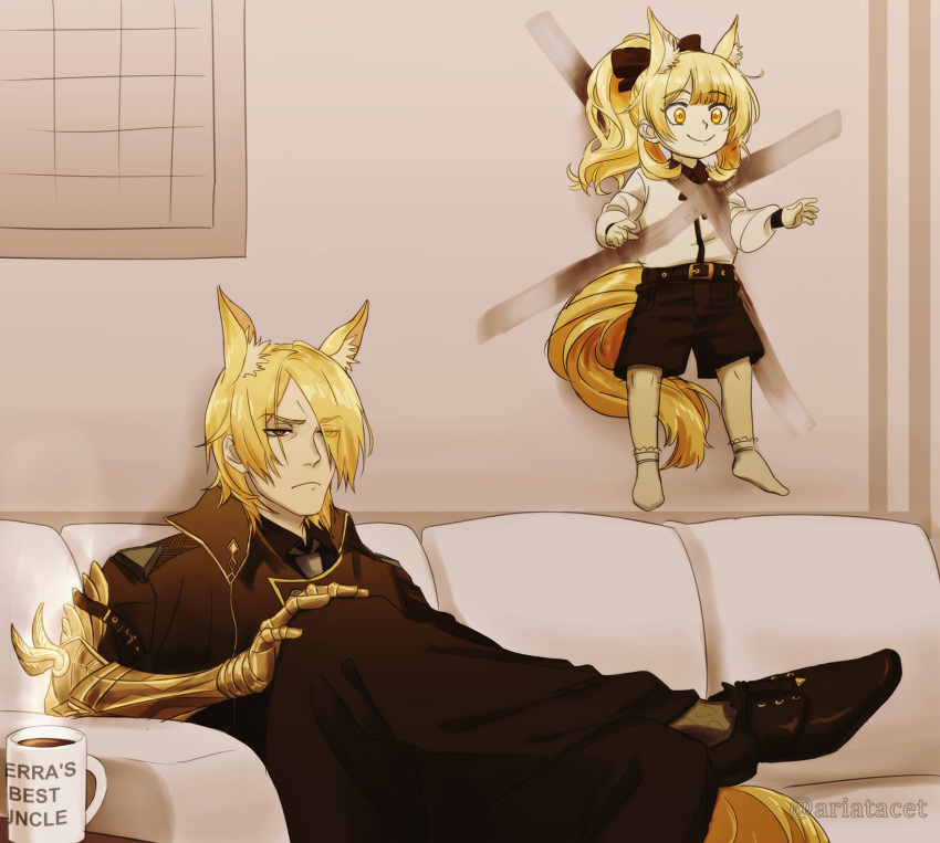 1boy 1girl aged_down animal_ear_fluff animal_ears ariadusts arknights armored_gloves belt belt_buckle black_belt black_bow black_coat black_footwear black_shorts blemishine_(arknights) blonde_hair bow buckle closed_mouth coat coffee commentary couch crossed_legs cup english_commentary extra_ears frown gloves hair_bow highres horse_ears horse_tail kid_taped_to_wall_(meme) long_hair long_sleeves looking_ahead meme mlynar_(arknights) mug mug_writing on_couch ponytail restrained shirt shoes short_hair shorts single_glove smile socks steam tail tape white_shirt white_socks yellow_eyes