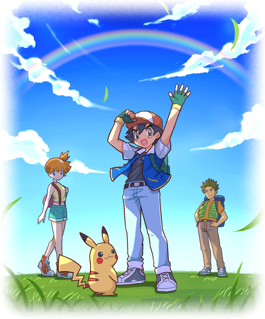 1girl 2boys ash_ketchum asymmetrical_hair baseball_cap belt bikini black_hair blue_sky blush breasts brock_(pokemon) brown_eyes eye_contact fingerless_gloves gloves grass green_eyes green_gloves hair_tie hat highres jacket looking_at_another midriff misty_(pokemon) multiple_boys navel ogie_nuts open_mouth orange_hair orange_shirt outdoors pikachu pokemon pokemon_(anime) pokemon_(classic_anime) pokemon_(creature) ponytail rainbow red_headwear shirt short_hair short_sleeves shorts side_ponytail simple_background sky sleeveless sleeveless_shirt small_breasts smile suspenders swimsuit t-shirt