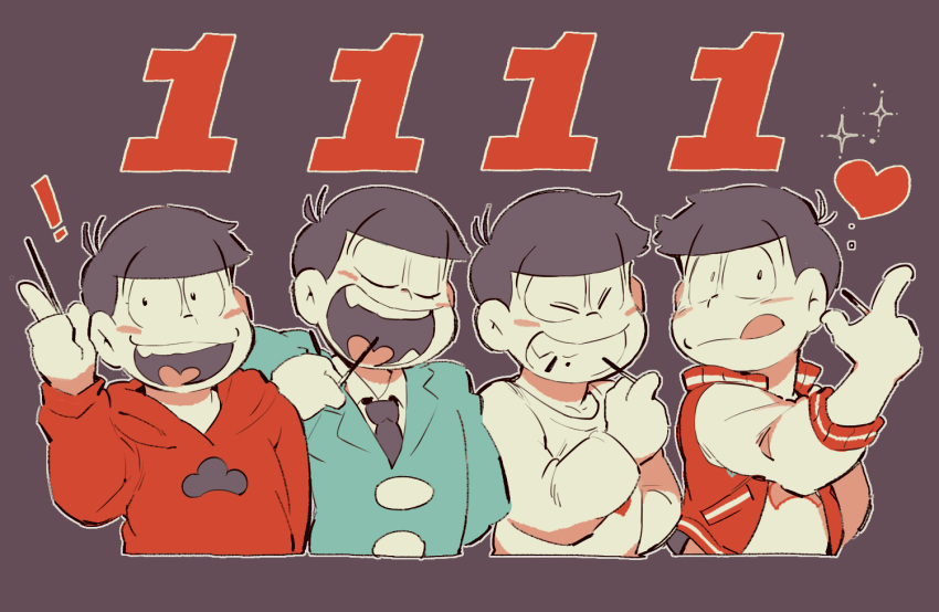 ! 1boy :p blue_suit blush dated eating fang food formal grin heart hood hoodie index_finger_raised jacket letterman_jacket long_sleeves male_focus matsuno_osomatsu multiple_views number_pun osomatsu-san pocky pocky_day red_hoodie sanjiro_(tenshin_anman) shirt smile suit tongue tongue_out white_shirt