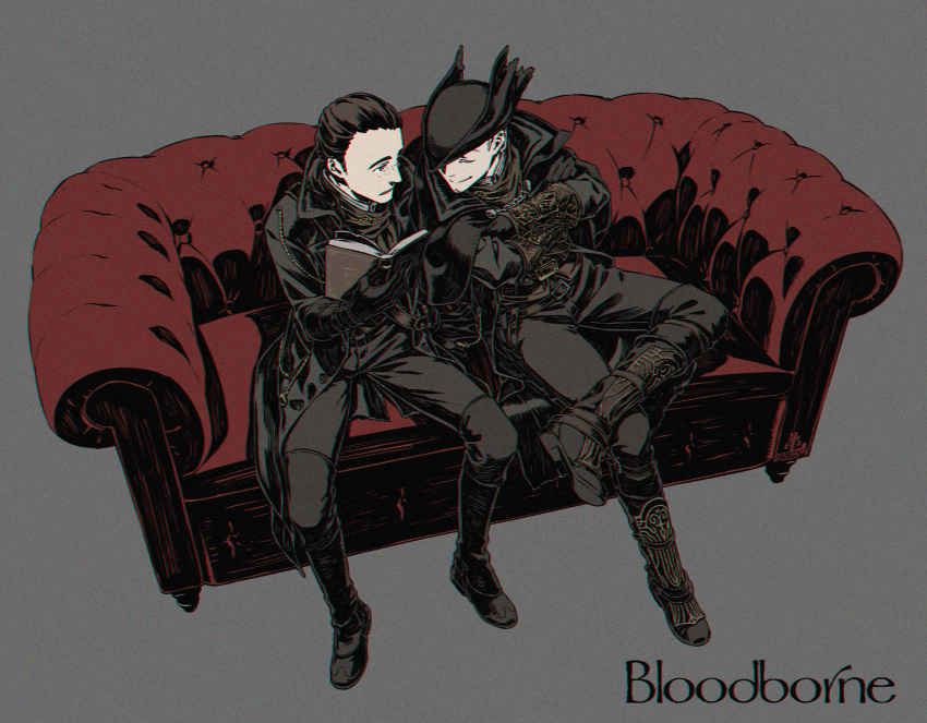 2boys belt black_footwear black_hair black_headwear black_jacket bloodborne book boots brown_belt brown_footwear brown_pants brown_vest buttons closed_eyes closed_mouth couch crossed_arms crossed_legs freckles from_above grey_background hat highres holding holding_book hunter_(bloodborne) jacket kamezaemon knee_boots long_hair multiple_boys open_book pants simple_background sitting smile tricorne vest