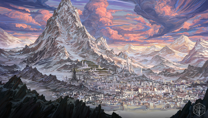 absurdres city cliff clouds cloudy_sky colorful critical_role english_commentary fantasy highres idrawbagman landscape logo mountain mountainous_horizon nature no_humans outdoors scenery sky snow spire sunrise wall winter