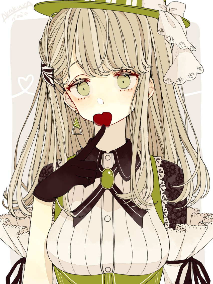 1girl akakura arm_up artist_name black_gloves breasts candy chocolate chokokeki_6_shimai collarbone collared_shirt earrings expressionless food food_in_mouth gloves green_eyes green_headwear hair_ornament heart heart-shaped_chocolate highres jewelry light_brown_hair looking_at_viewer medium_breasts medium_hair shirt short_sleeves simple_background striped striped_headwear striped_shirt upper_body