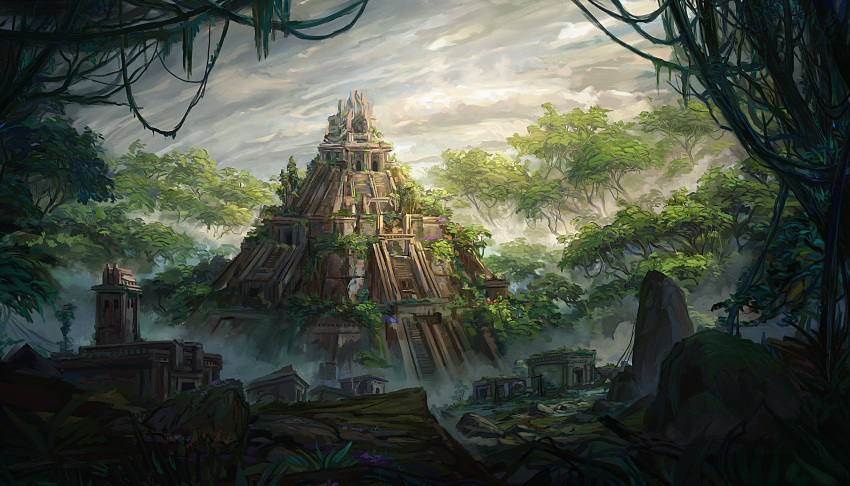 abandoned absurdres building clouds cloudy_sky commentary critical_role english_commentary fantasy fog highres idrawbagman jungle moss nature outdoors overgrown plant pyramid_(structure) rock ruins scenery shadow sky sunlight temple tree vines wide_shot