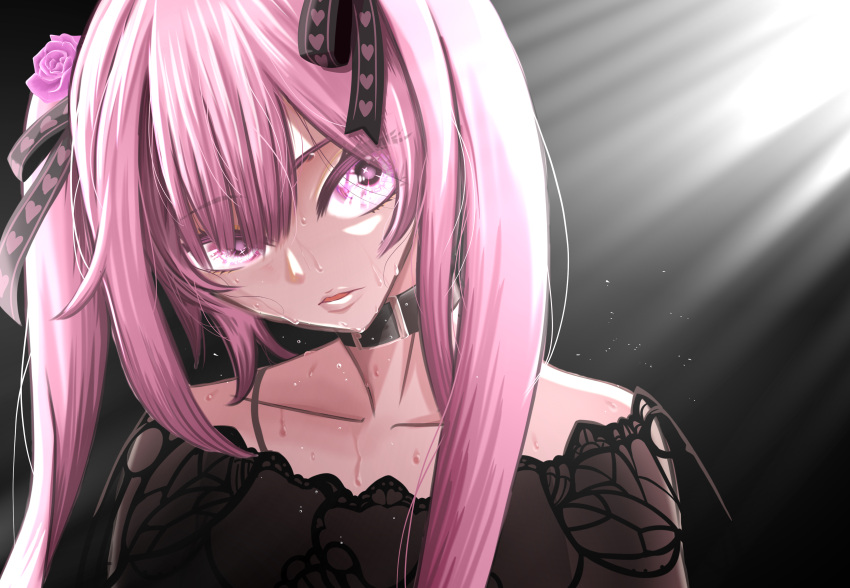 1girl absurdres aogiri_koukou_game_club backlighting buckle check_commentary chiyoura_chiyomi choker close-up collarbone commentary commentary_request dress eyelashes flower hair_flower hair_ornament hair_ribbon head_tilt highres light_particles lips long_bangs long_hair parted_lips pink_eyes pink_hair ribbon sidelocks sweat tawara_(gmey7834) twintails upper_body virtual_youtuber