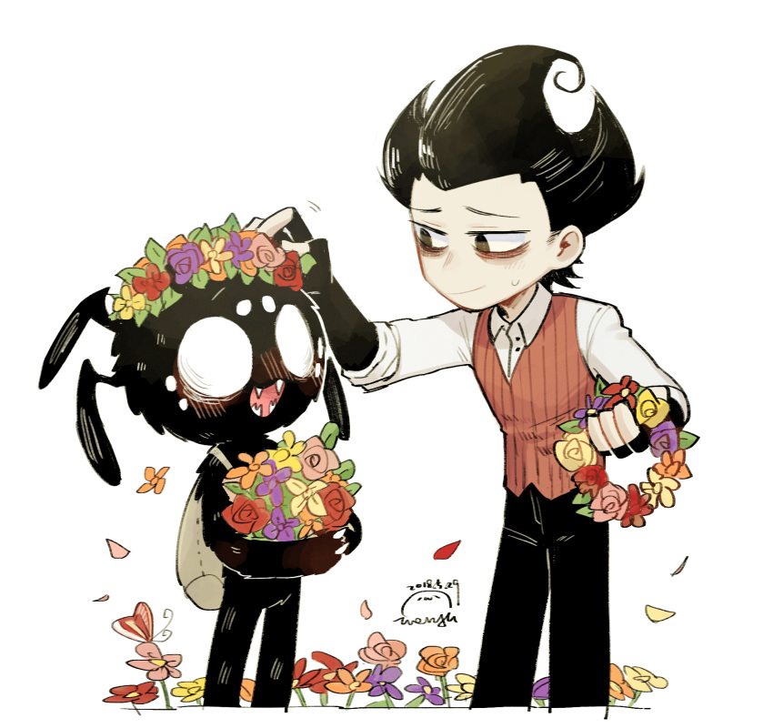 2boys amy7996659 backpack bag bags_under_eyes black_gloves black_hair black_pants blank_eyes blush bug butterfly collared_shirt don't_starve fangs feet_out_of_frame fingerless_gloves flower flower_wreath furry furry_male gloves hand_on_another's_head head_wreath highres holding holding_flower looking_at_another male_focus monster_boy multiple_boys open_mouth pants petals putting_on_headwear red_vest shirt short_hair simple_background sleeves_rolled_up smile spider_boy spiky_hair standing vest webber_(don't_starve) white_background white_shirt widow's_peak wilson_(don't_starve)