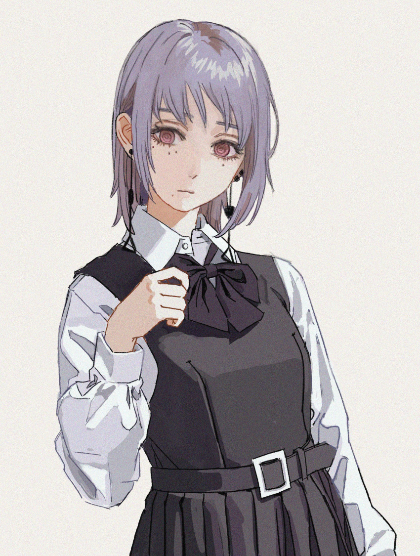 1girl absurdres belt bow bowtie breasts chainsaw_man closed_mouth collared_shirt dress earrings fami_(chainsaw_man) fourth_east_high_school_uniform hand_up highres jewelry long_sleeves medium_breasts medium_hair mole mole_under_eye mole_under_mouth pink_eyes purple_hair ringed_eyes school_uniform shiren_(ourboy83) shirt sidelocks simple_background sleeveless sleeveless_dress solo tassel tassel_earrings upper_body