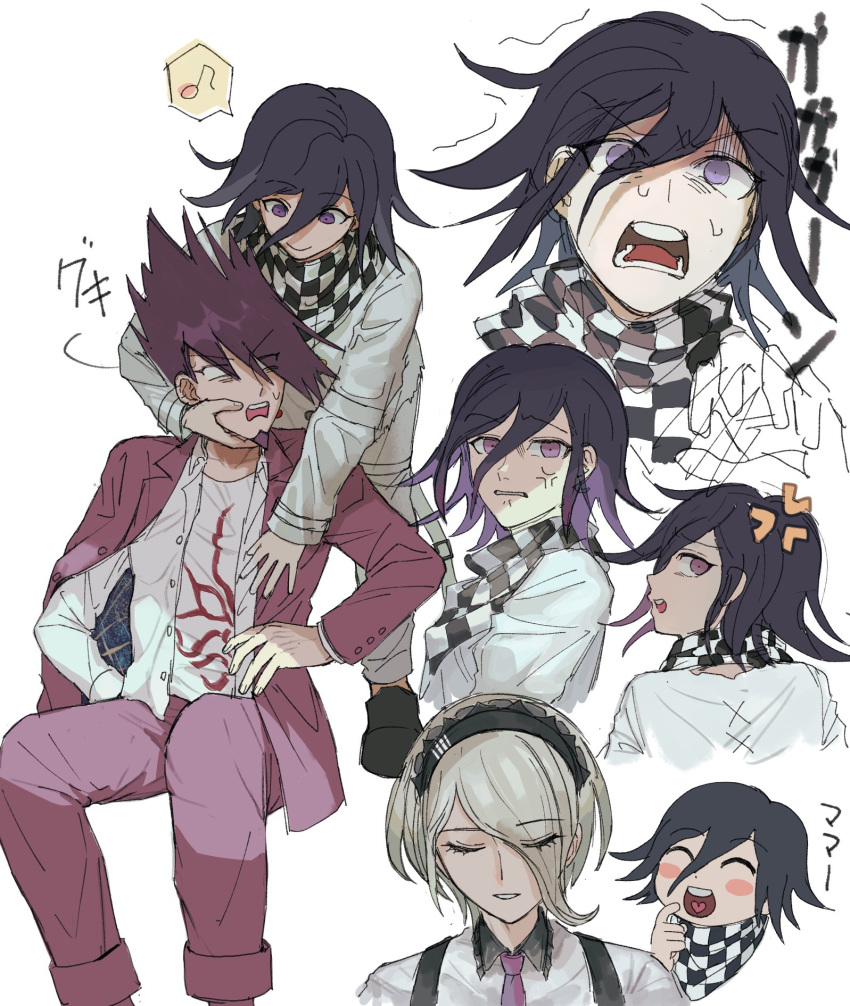 1girl 2boys :d anger_vein black_hair black_scarf blonde_hair blush_stickers checkered_clothes checkered_scarf danganronpa_(series) danganronpa_v3:_killing_harmony facial_hair flipped_hair goatee hair_over_one_eye heart highres invisible_chair jacket looking_at_another momota_kaito multiple_boys musical_note nasubinonono open_clothes open_shirt ouma_kokichi pants pink_eyes pink_jacket pink_pants print_shirt scarf shirt short_hair sitting smile space_print spiky_hair spoken_musical_note starry_sky_print toujou_kirumi translation_request white_jacket white_scarf