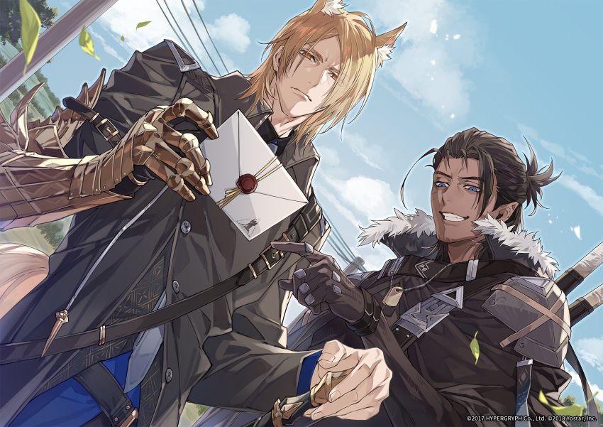 2boys animal_ears arknights blonde_hair blue_eyes blue_sky brown_hair dark-skinned_male dark_skin demon_boy gauntlets grin highres holding holding_letter holding_sword holding_weapon horse_boy horse_ears horse_tail letter mlynar_(arknights) multiple_boys official_art pointing pointy_ears rhodes_island_logo single_gauntlet sky smile sword sword_behind_back tail toland_(arknights) weapon yellow_eyes