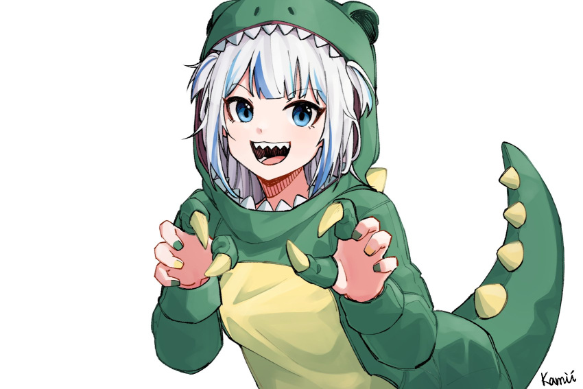 1girl :d artist_name blue_eyes claw_pose dinosaur_costume gawr_gura green_nails highres hololive hololive_english kamigui_0213 long_sleeves looking_at_viewer multicolored_nails nail_polish open_mouth shark_girl sharp_teeth short_hair smile solo teeth virtual_youtuber white_background white_hair yellow_nails