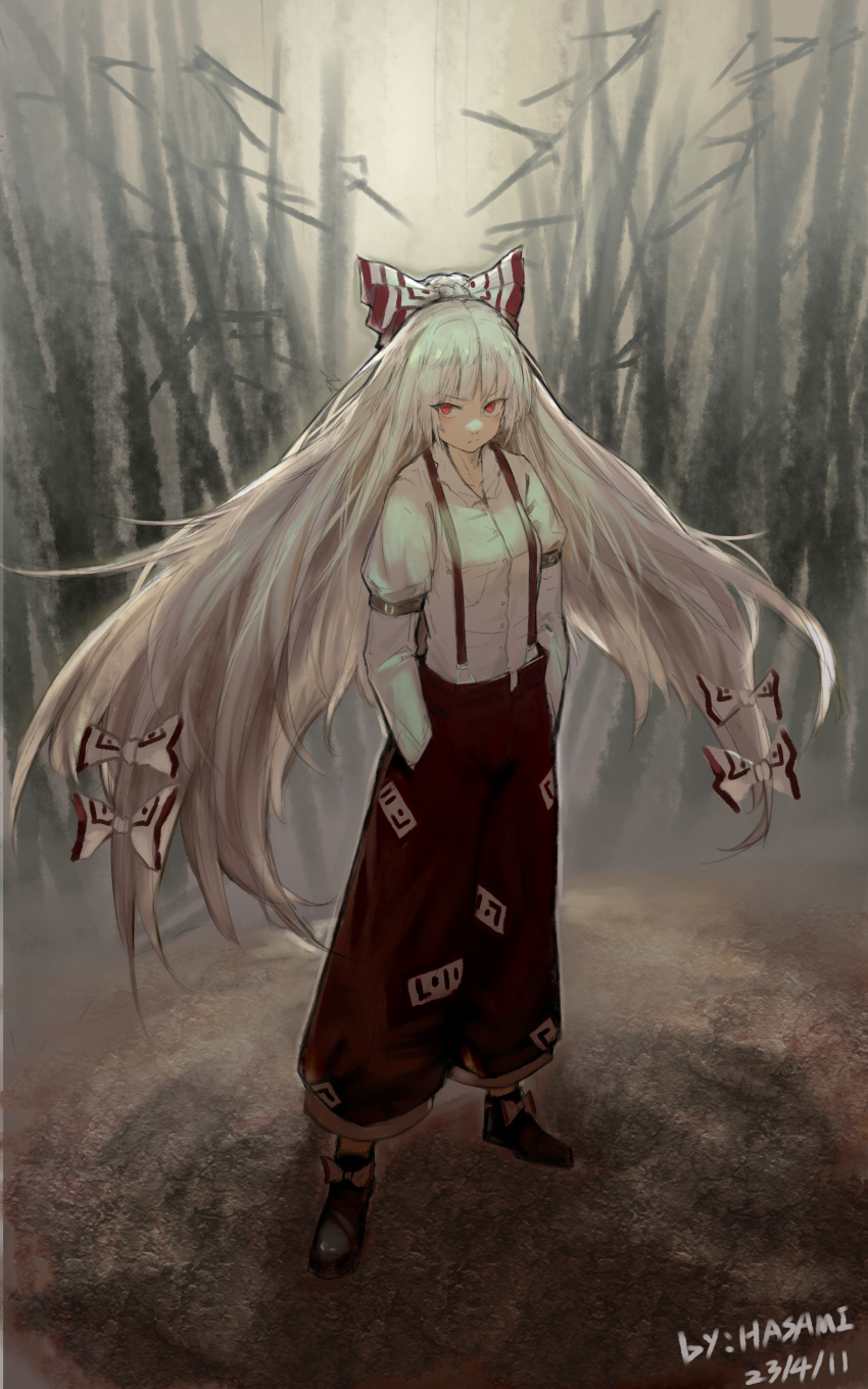 1girl absurdres arm_strap artist_name black_footwear bow closed_mouth commentary dated fujiwara_no_mokou full_body hair_bow highres hua_ha_jiazi long_hair long_sleeves looking_at_viewer ofuda ofuda_on_clothes outdoors pants red_bow red_eyes red_pants shirt solo suspenders symbol-only_commentary touhou two-tone_bow very_long_hair white_bow white_hair white_shirt